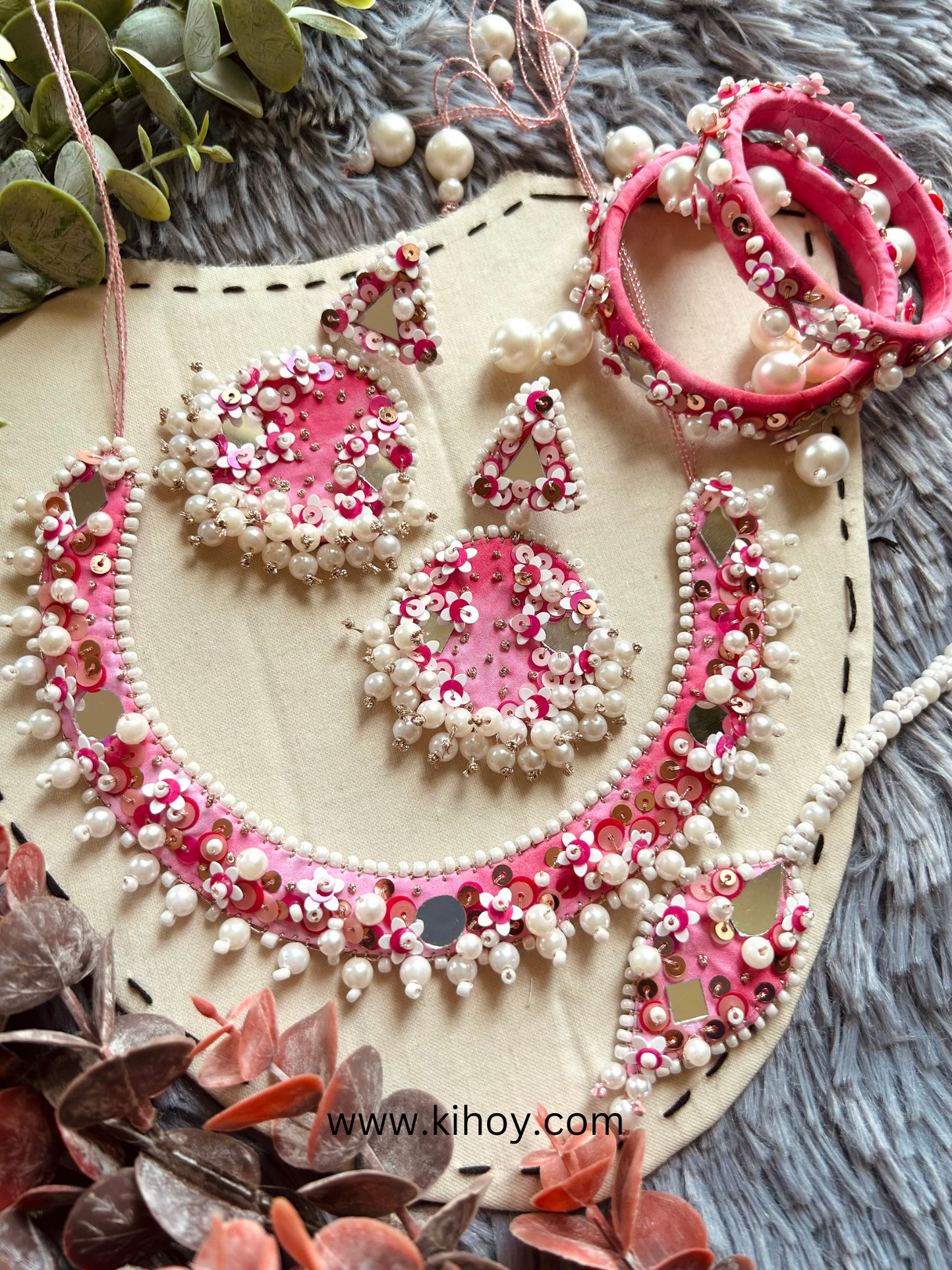 Handembroidered Gulabo Necklace, Earrings, Mangtikka & Bangle Set for brides