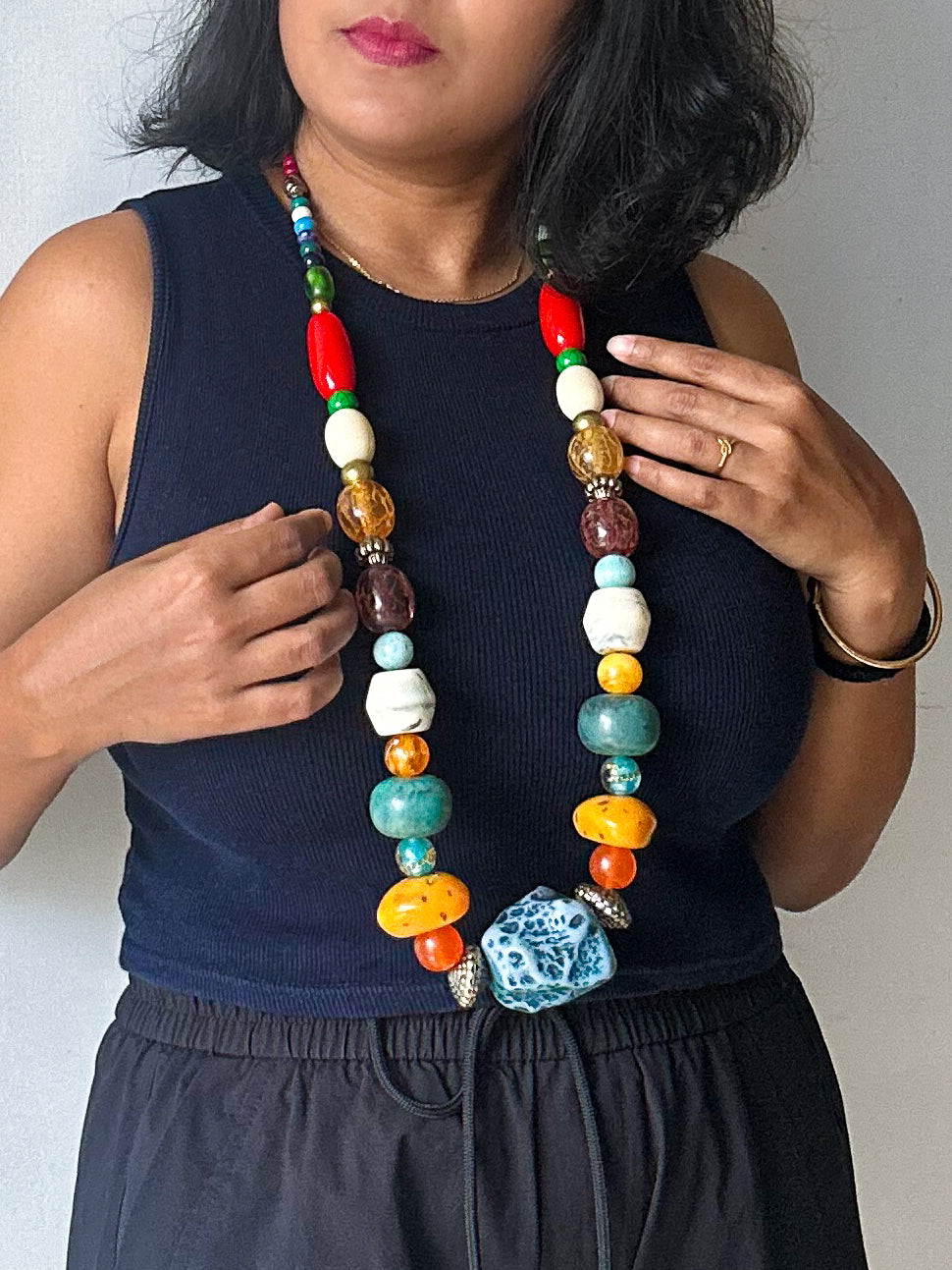 Chunky Boho Beaded Statement Necklace - Multicolored Long handmade Necklace - kihoy
