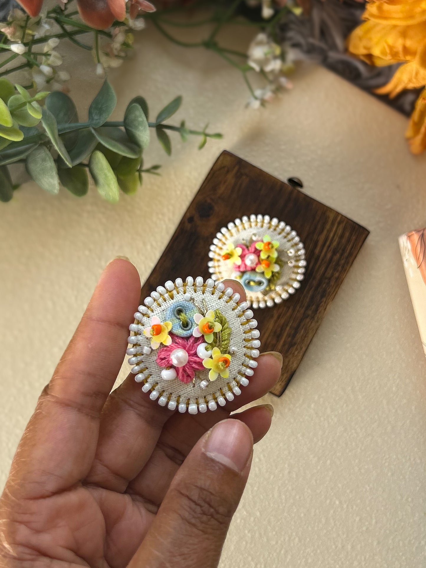 Wattle – Hand Embroidered Button Earrings