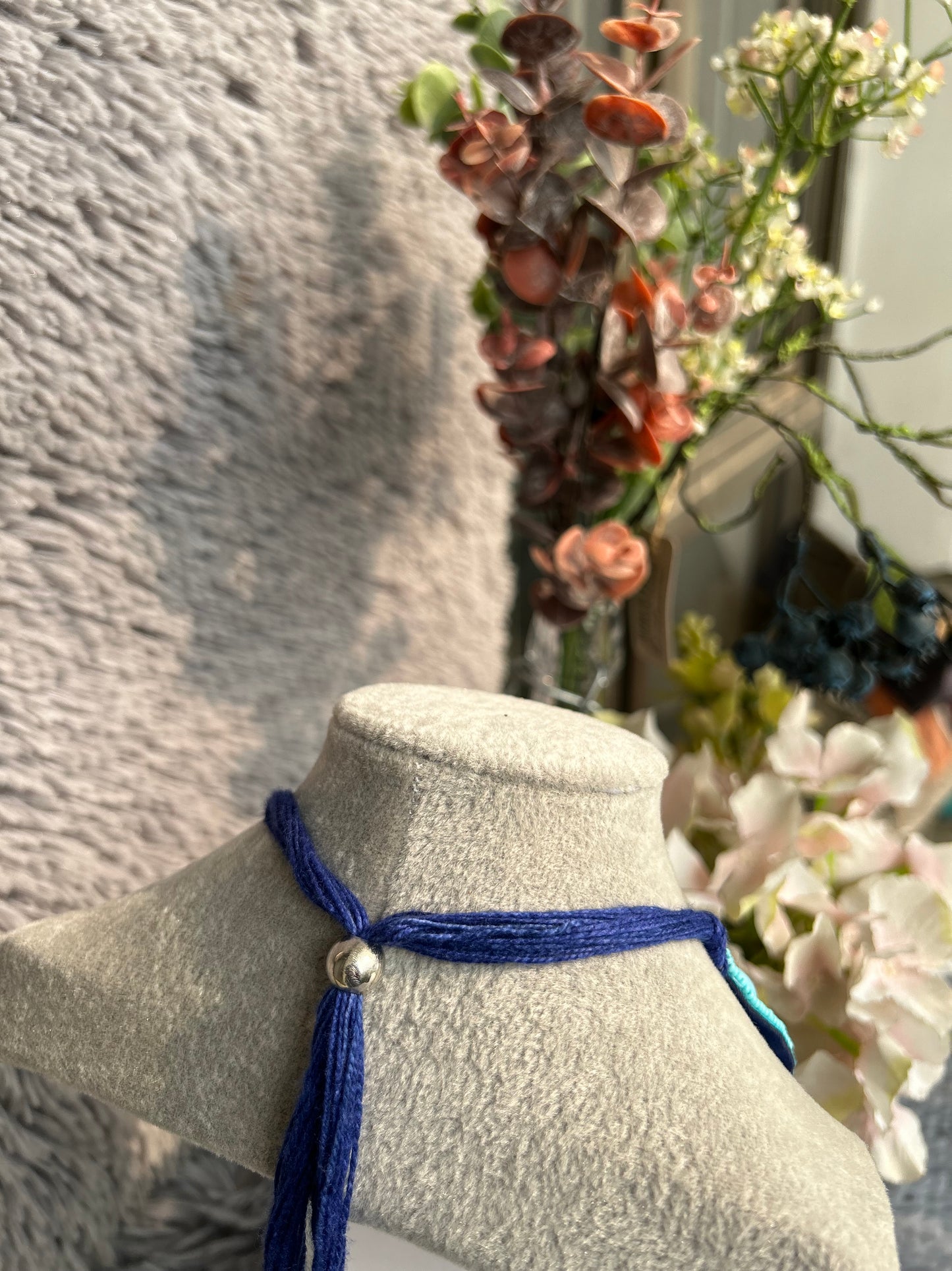 Blue statement necklace back close-up - handcrafted bohemian jewelry - Kihoy