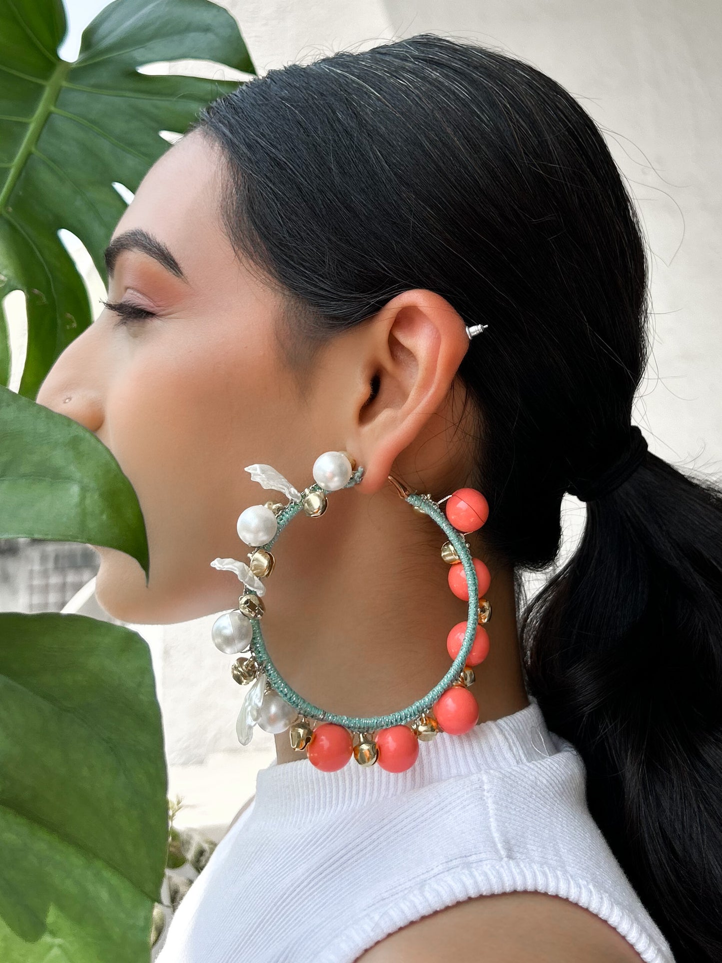 Peachy Hoop Shell & Ghungroo Earrings