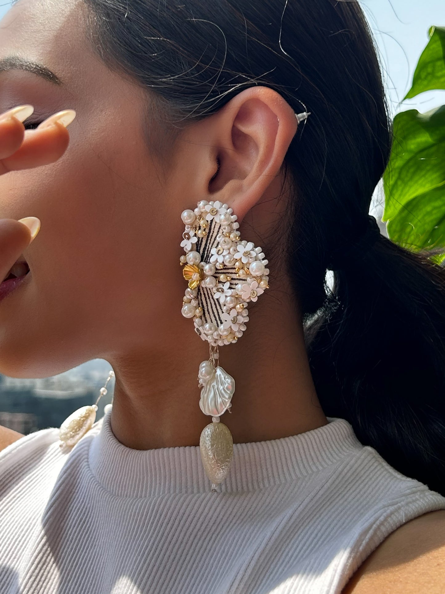 Gajra Earrings – Hand-Painted Embroidered Statement Earrings with Asymmetric Beads