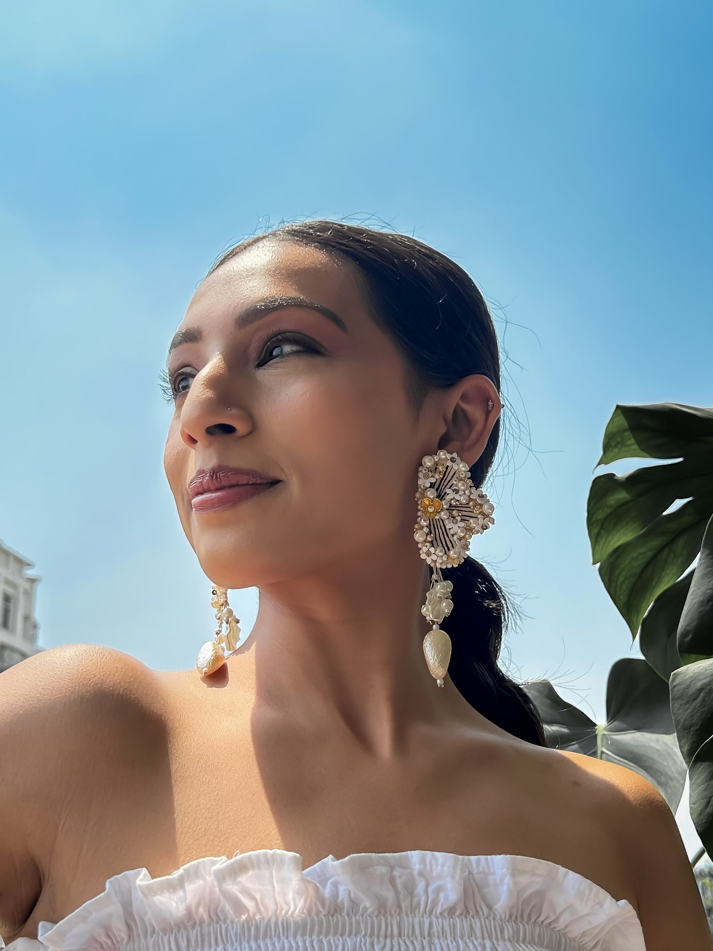 Gajra Earrings – Hand-Painted Embroidered Statement Earrings with Asymmetric Beads