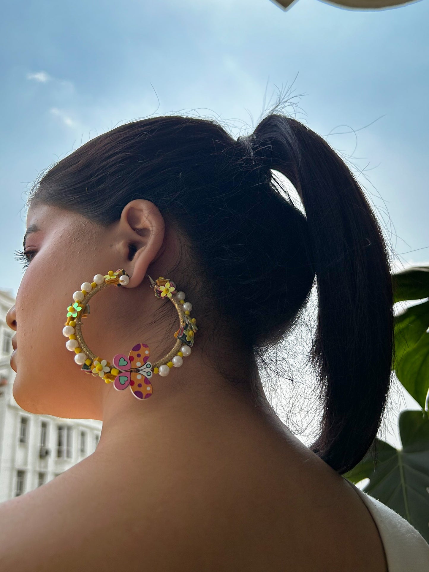 Butterfly Hoop Earrings – Handcrafted Floral Hoops with Pearls & Fabric Trims