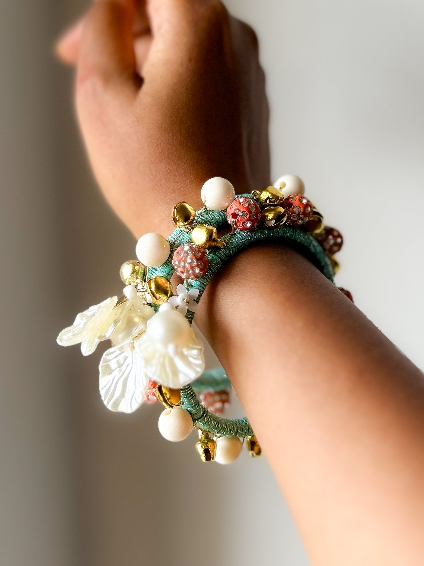Peachy Pearl & Ghungroo Handmade Bangles set of 2