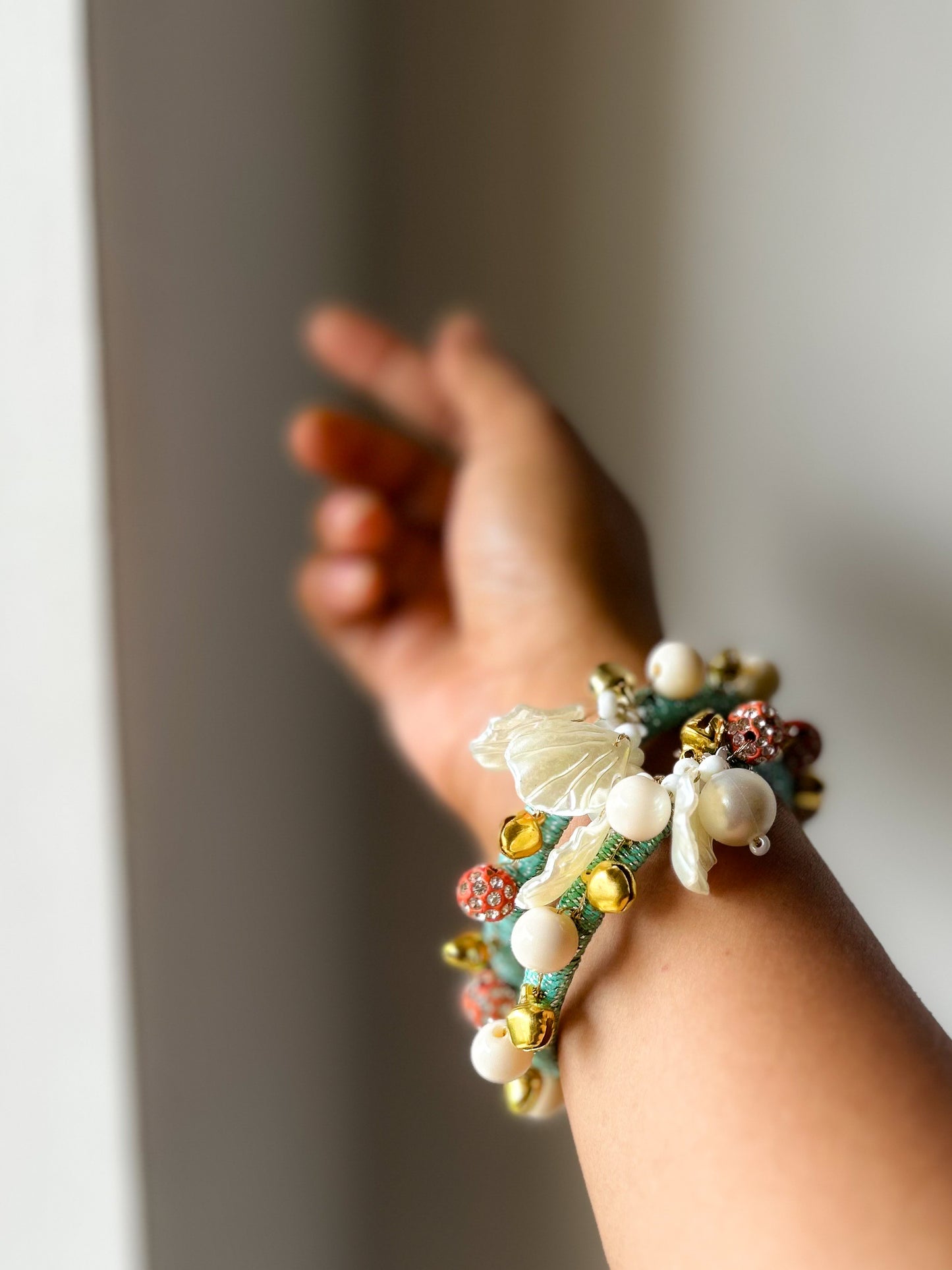 Peachy Pearl & Ghungroo Handmade Bangles set of 2