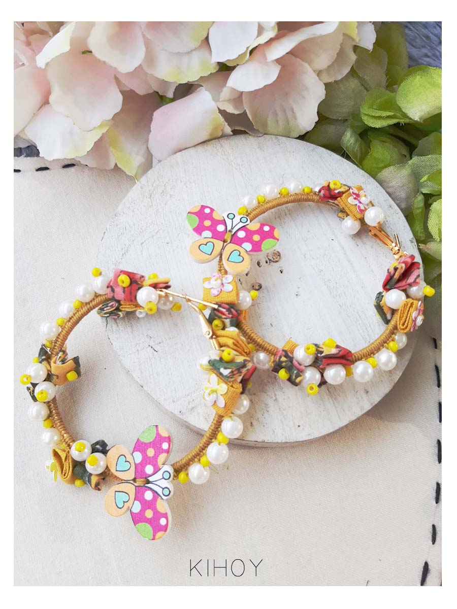 Butterfly Hoop Earrings – Handcrafted Floral Hoops with Pearls & Fabric Trims