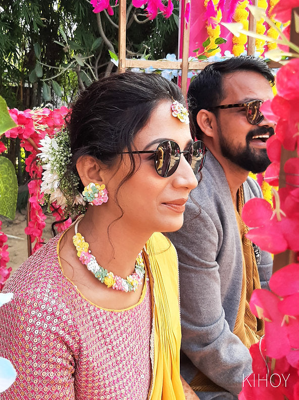 Daffodil Earrings, Necklace & mangtikka Set PINK & YELLOW