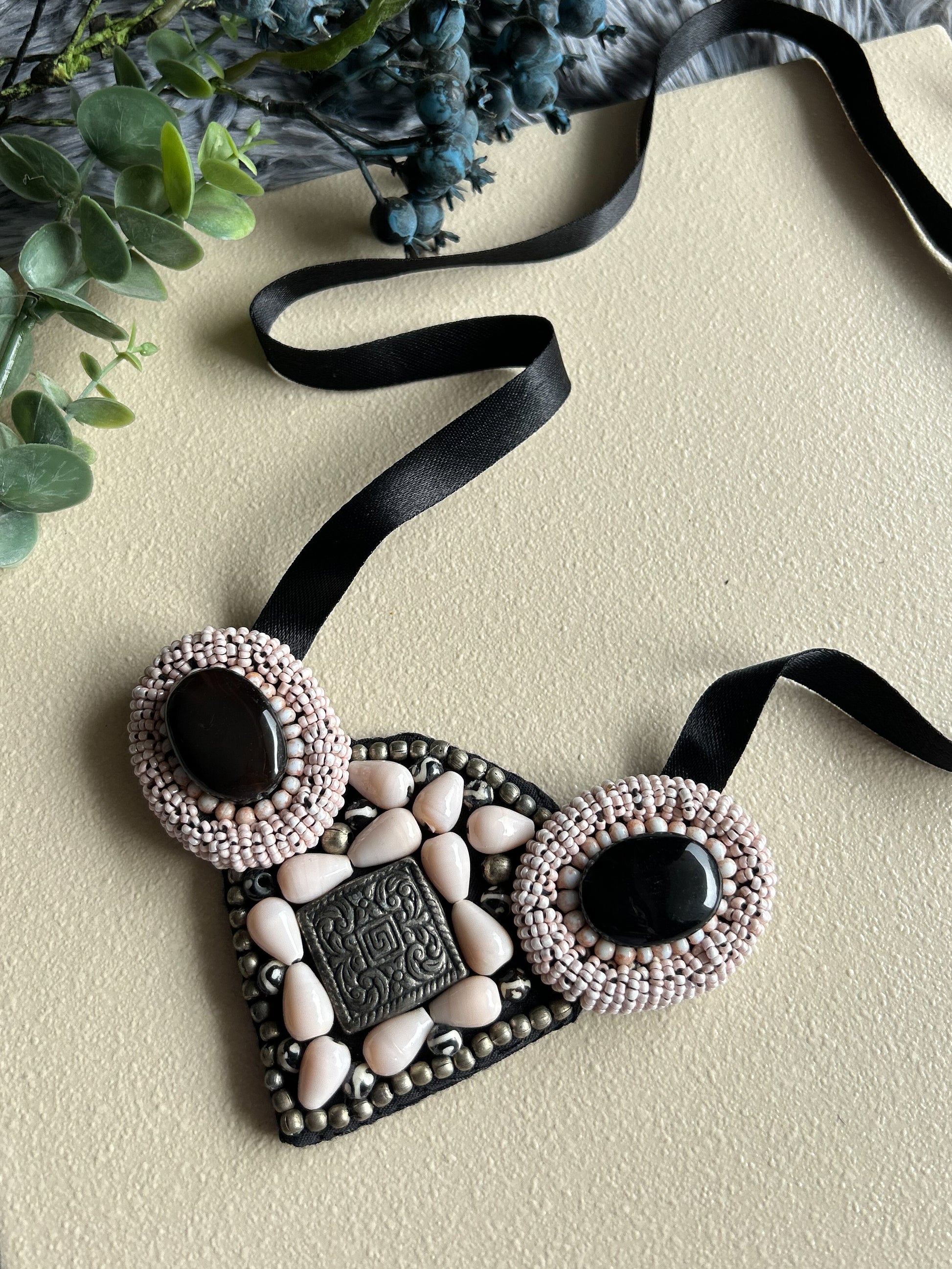 Contemporary Beaded Statement Necklace - Black & Nude Long Embroidered Necklace kihoy