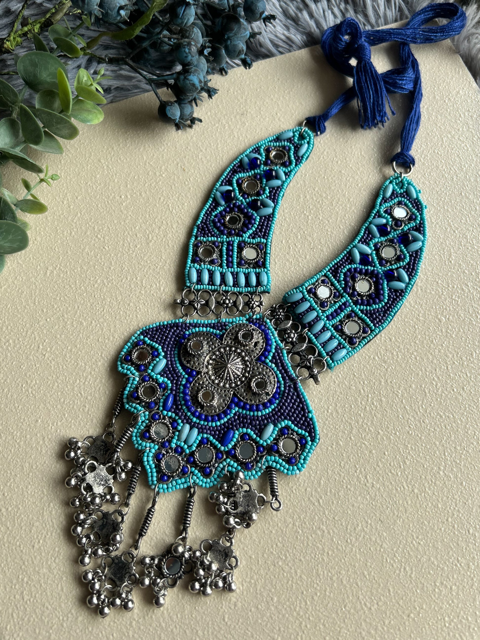 Blue bohemian necklace detail - handmade statement piece - Kihoy