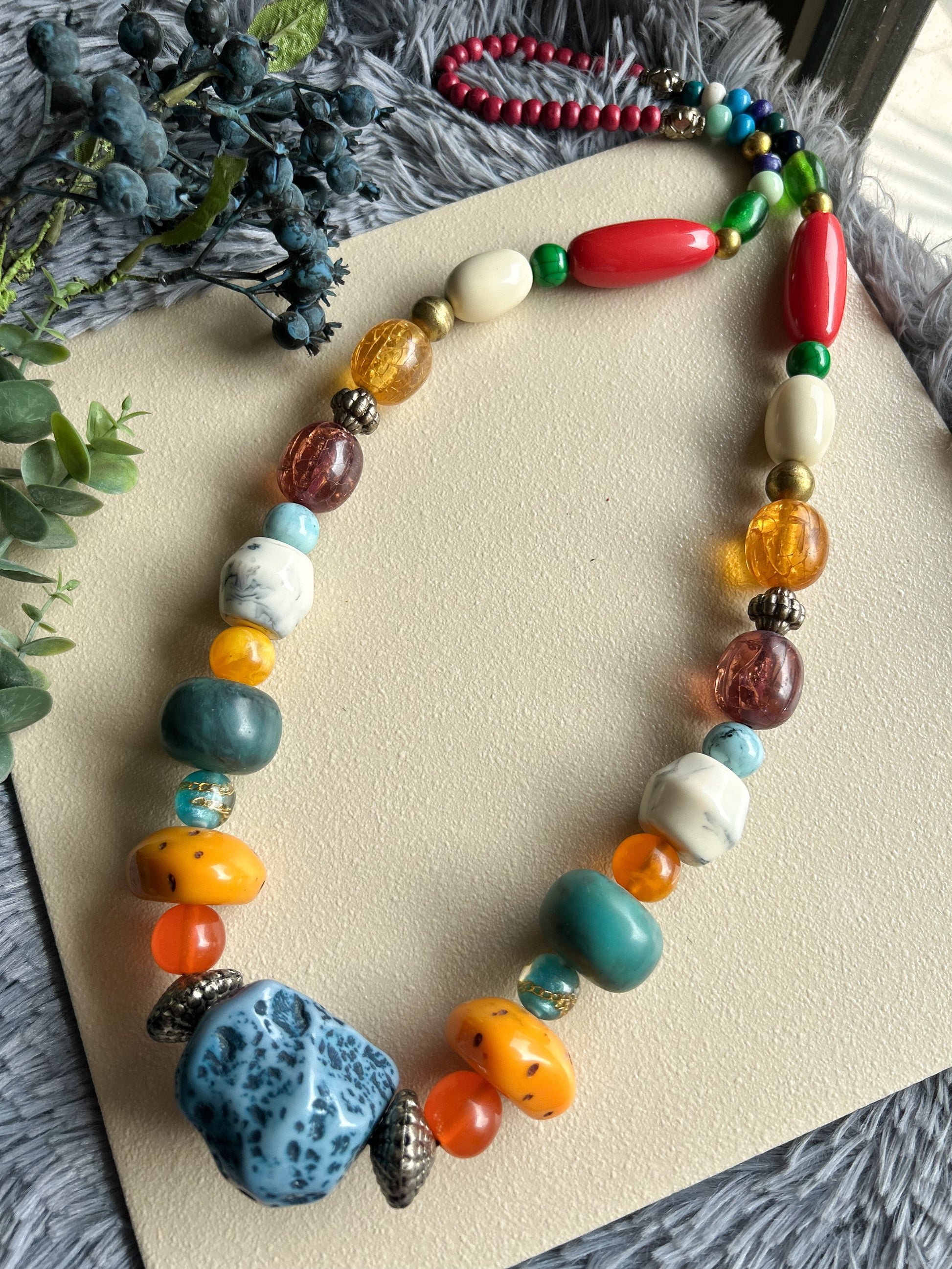 Chunky Boho Beaded Statement Necklace - Multicolored Long Handcrafted Necklace - kihoy