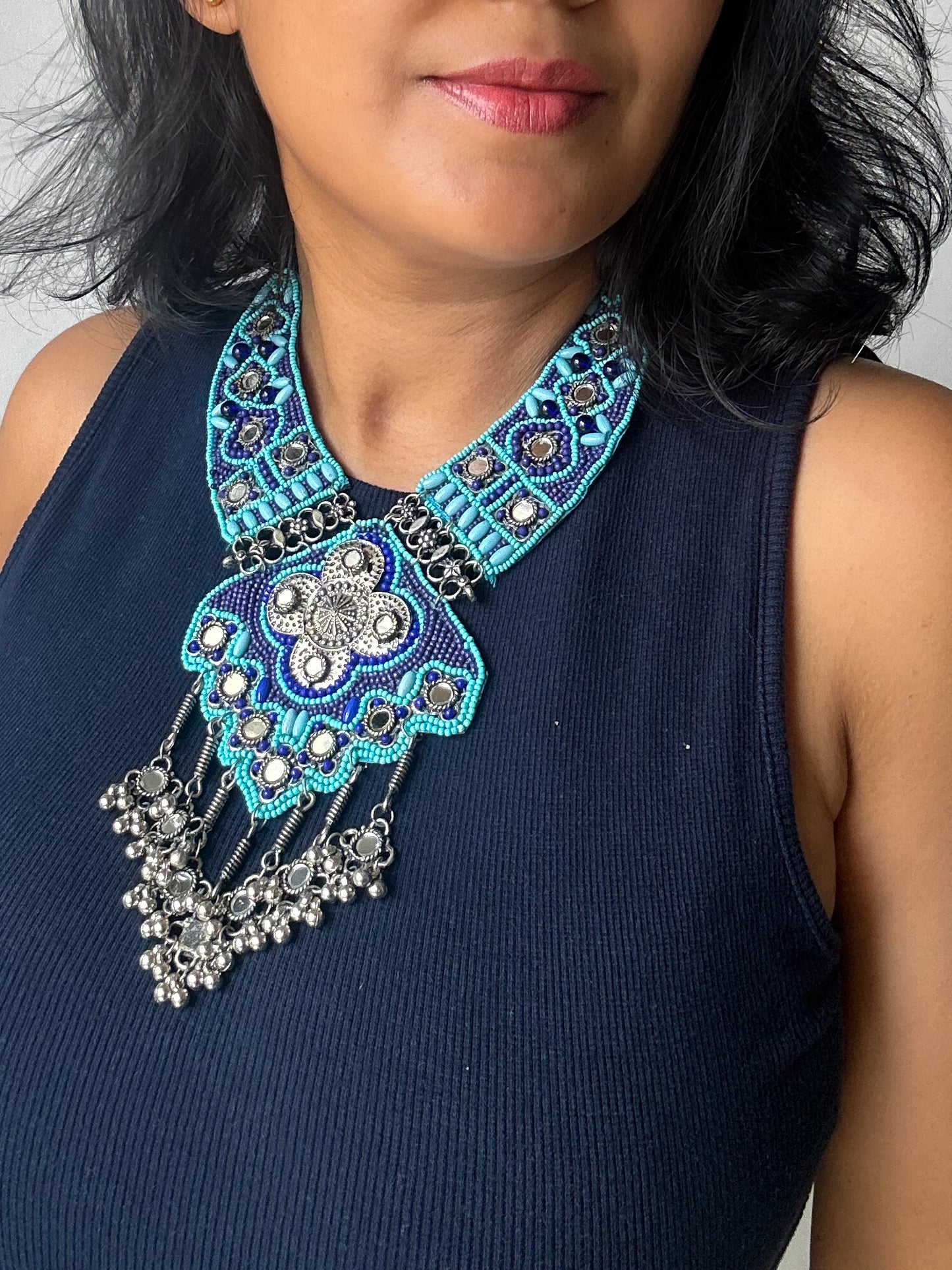 Bold bohemian statement beaded & embroidered necklace blue - handcrafted chunky jewelry - Kihoy