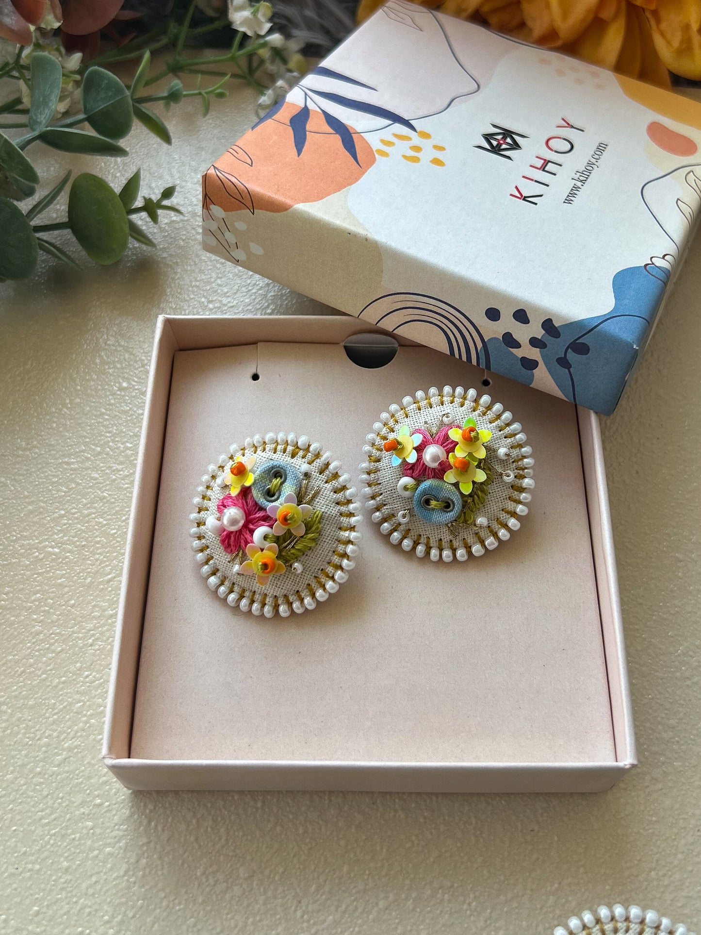 Wattle – Hand Embroidered Button Earrings