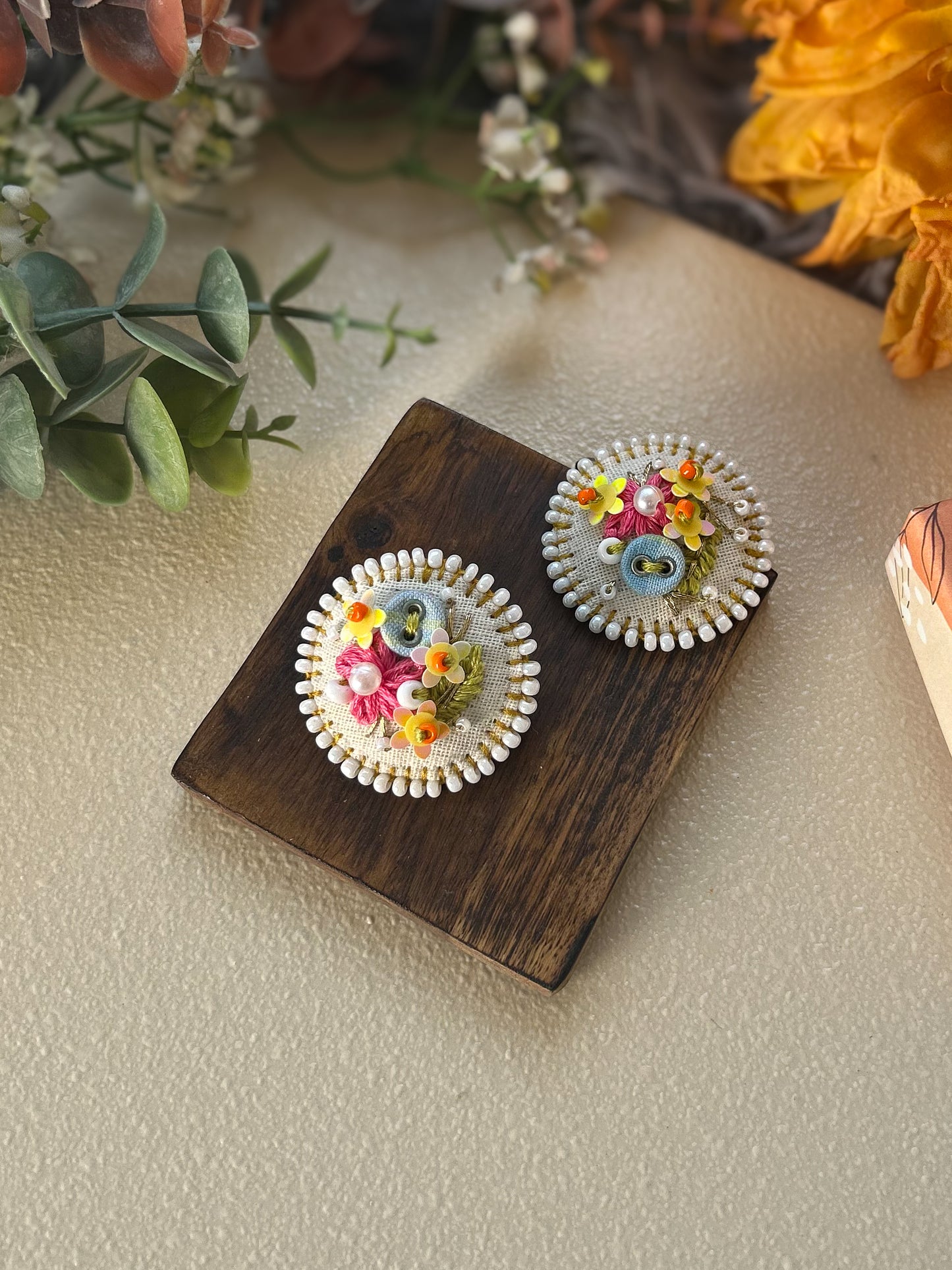 Wattle – Hand Embroidered Button Earrings