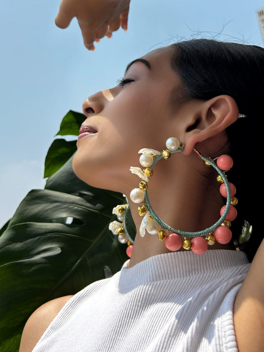 Peachy Hoop Shell & Ghungroo Earrings