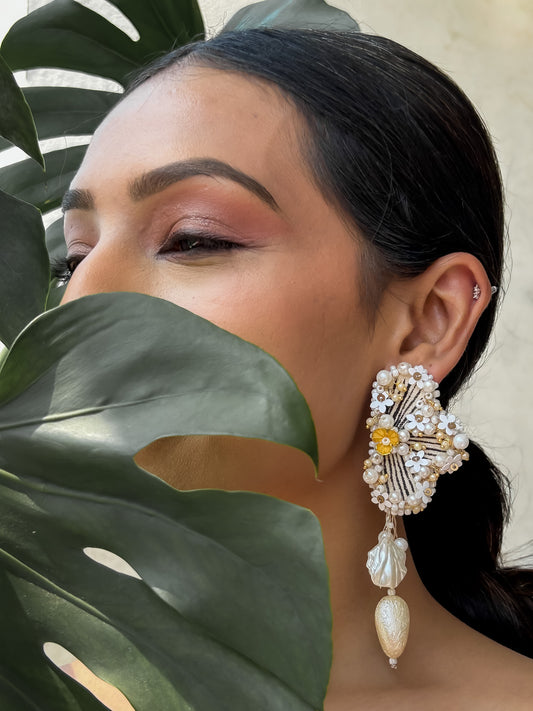 Gajra Earrings – Hand-Painted Embroidered Statement Earrings with Asymmetric Beads