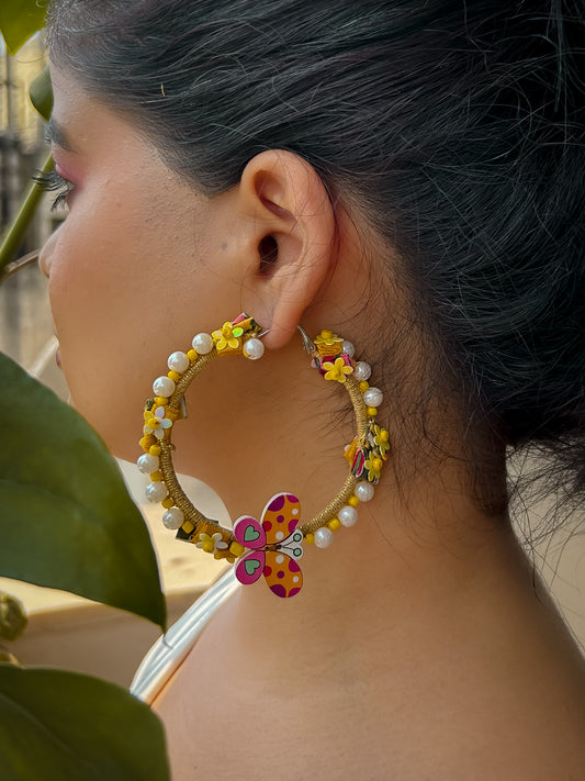 Butterfly Hoop Earrings – Handcrafted Floral Hoops with Pearls & Fabric Trims