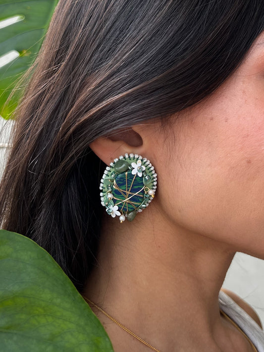 Moni Earrings – Handcrafted Emerald Green Embroidered Studs