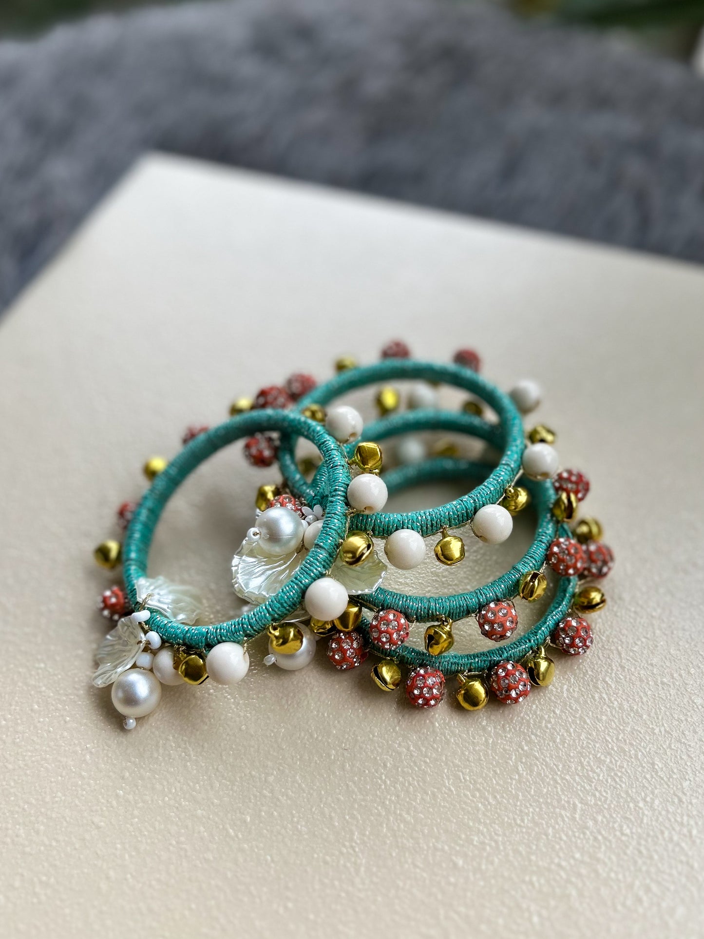 Peachy Pearl & Ghungroo Handmade Bangles set of 2