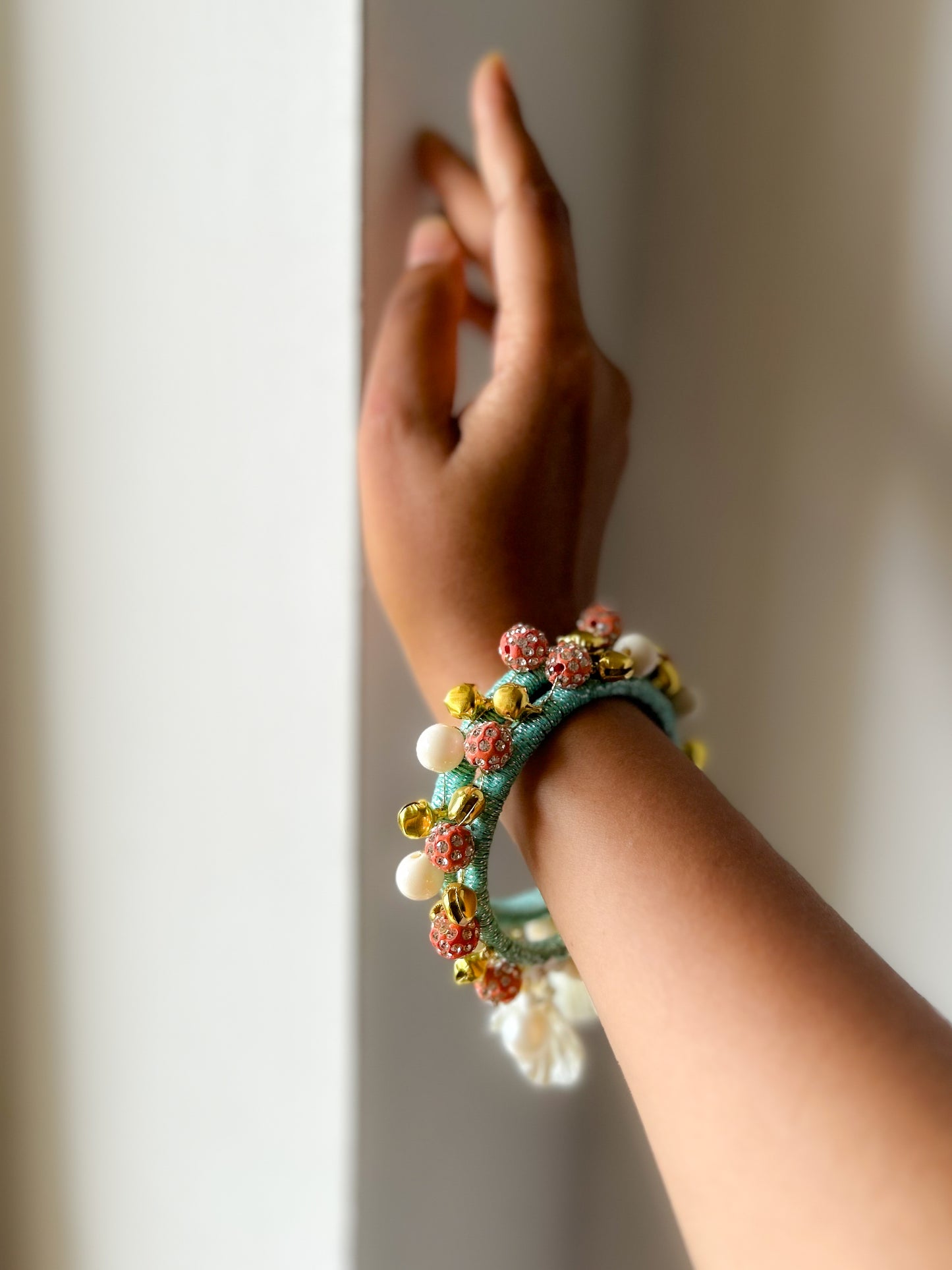 Peachy Pearl & Ghungroo Handmade Bangles set of 2