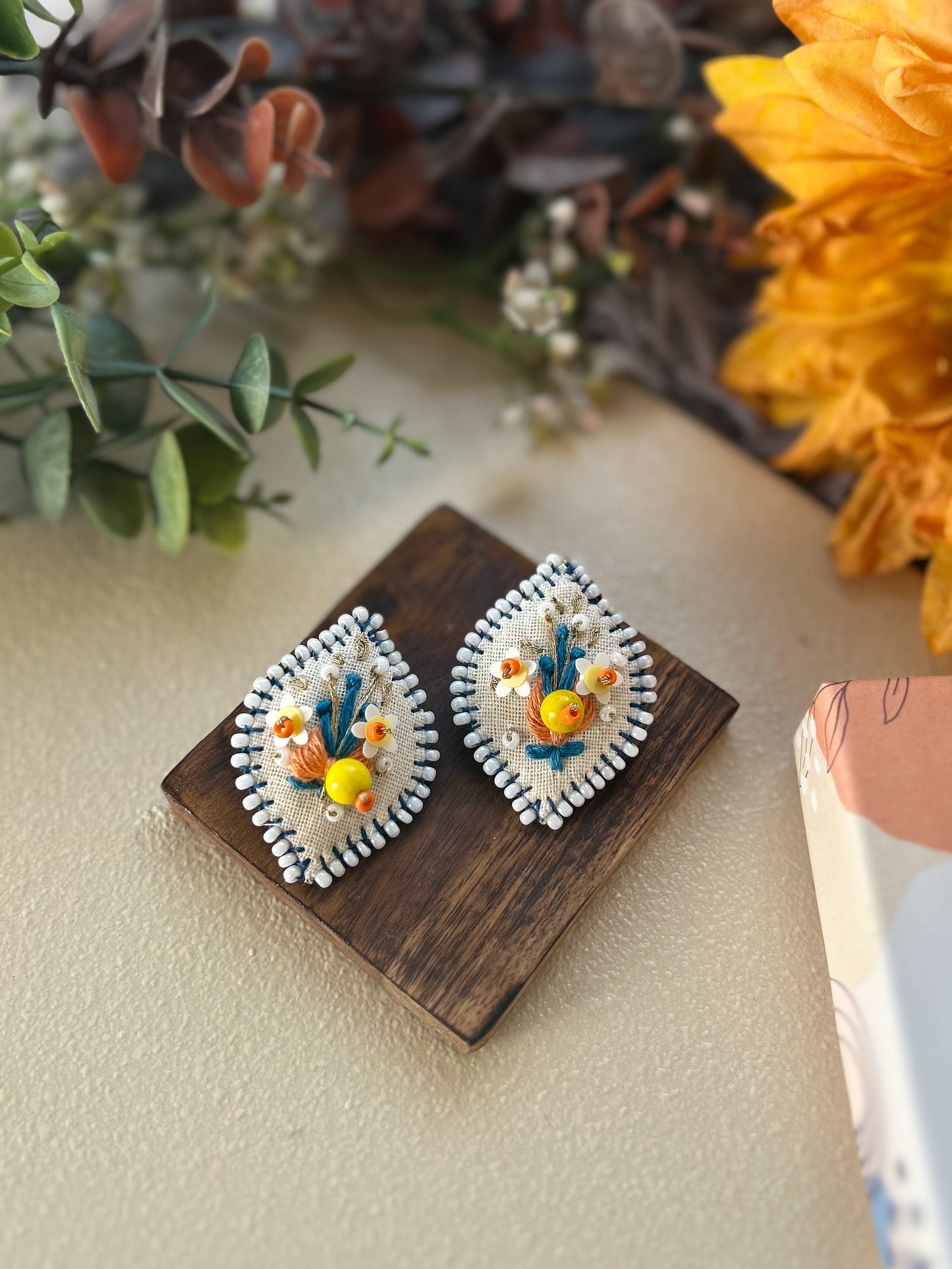 Luma – Beaded & Thread Embroidered Button Earrings