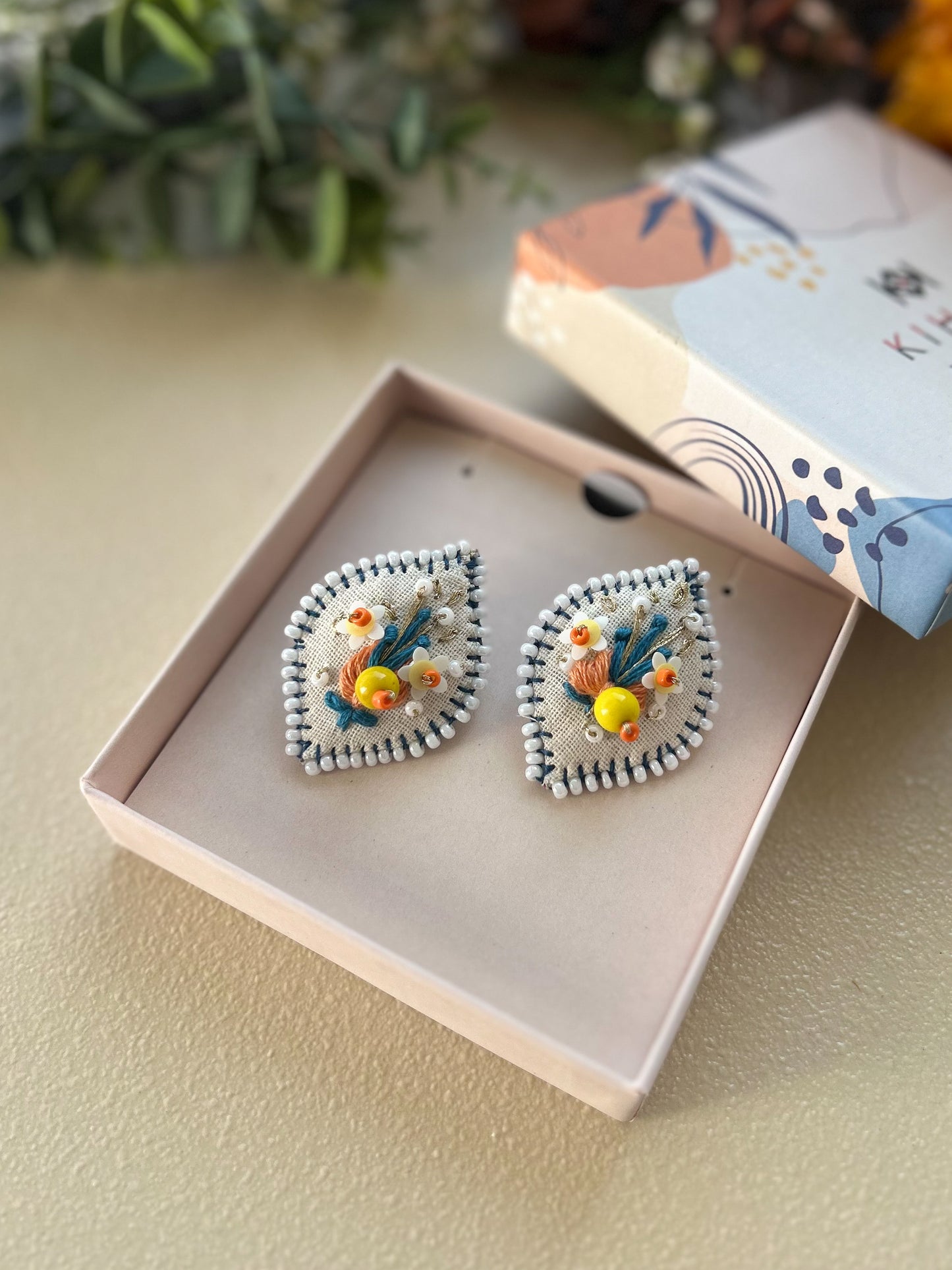 Luma – Beaded & Thread Embroidered Button Earrings