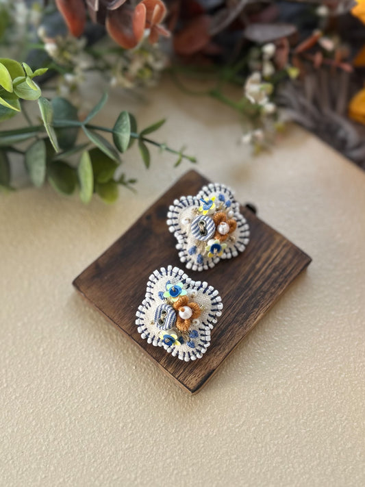 Cradle – Neutral & Blue Hand Embroidered Button Earrings