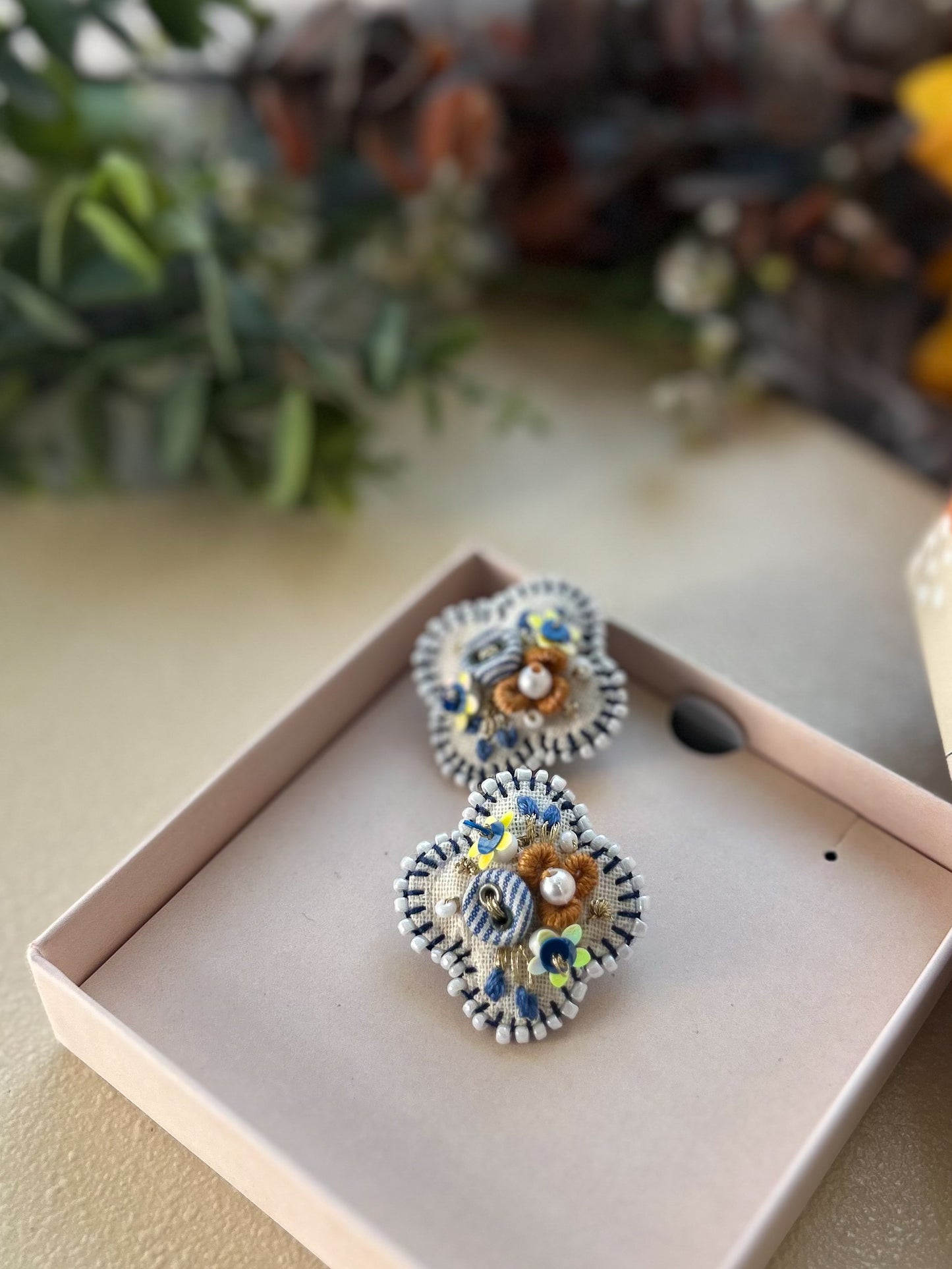 Cradle – Neutral & Blue Hand Embroidered Button Earrings