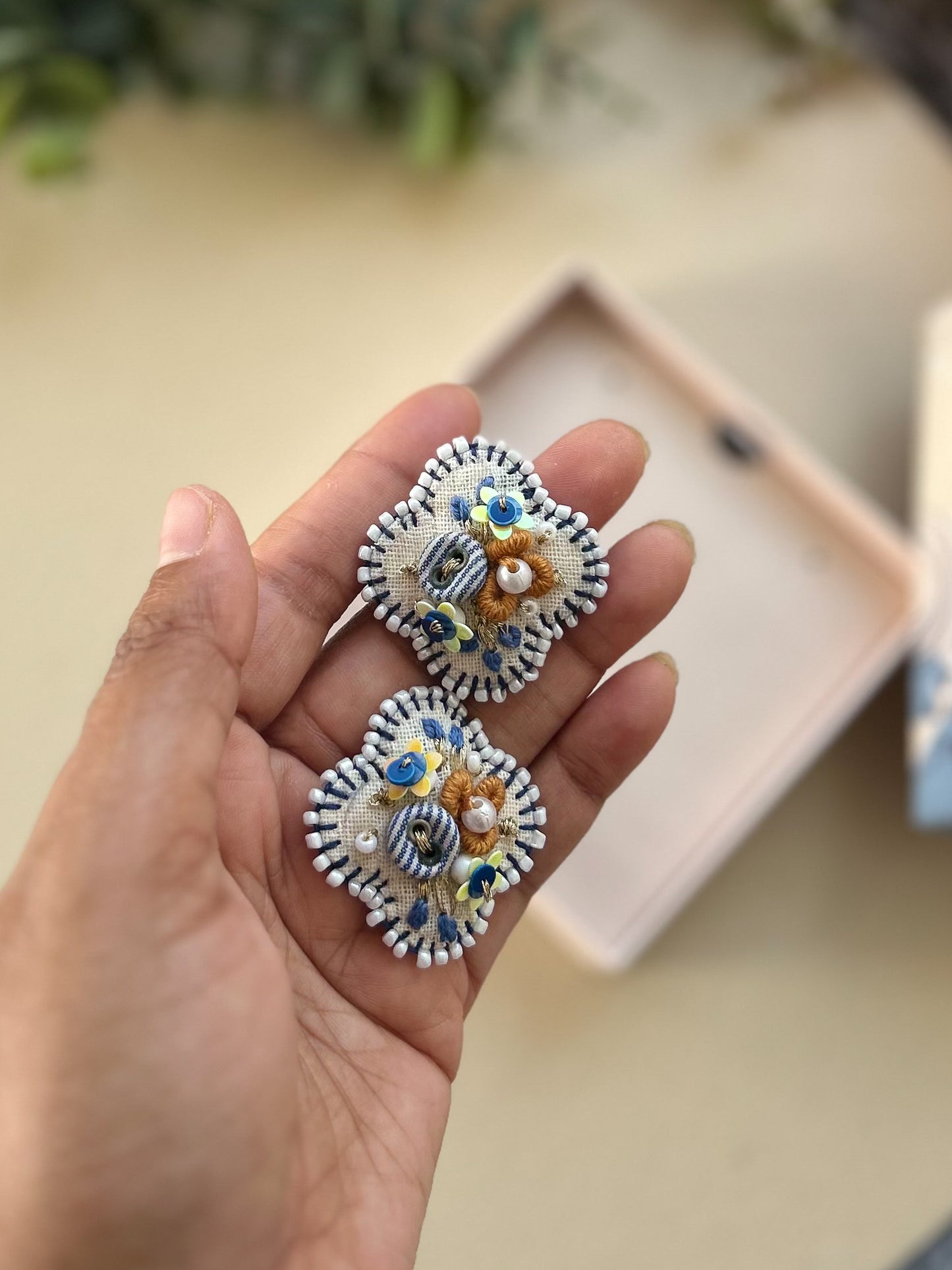 Cradle – Neutral & Blue Hand Embroidered Button Earrings