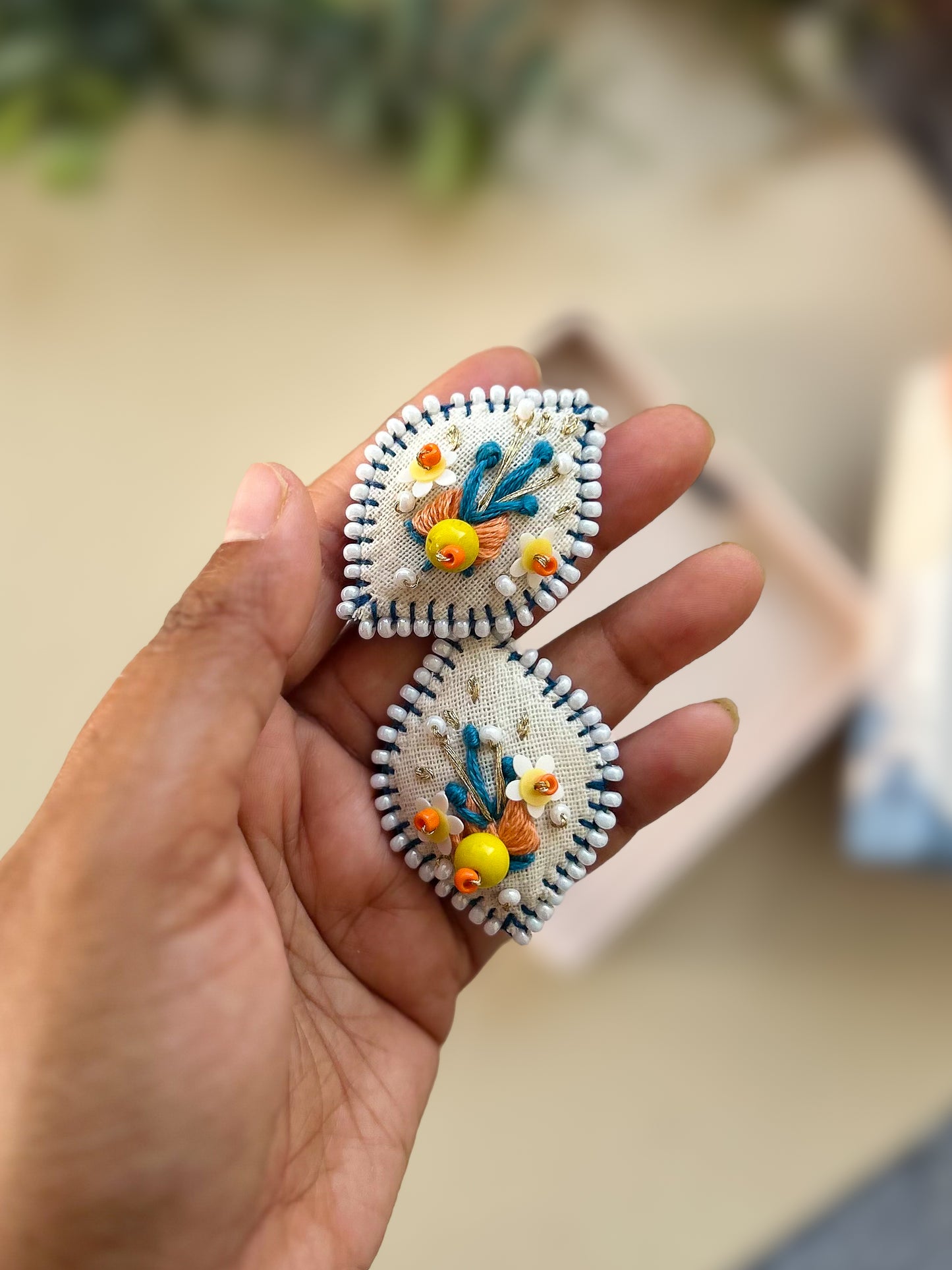 Luma – Beaded & Thread Embroidered Button Earrings