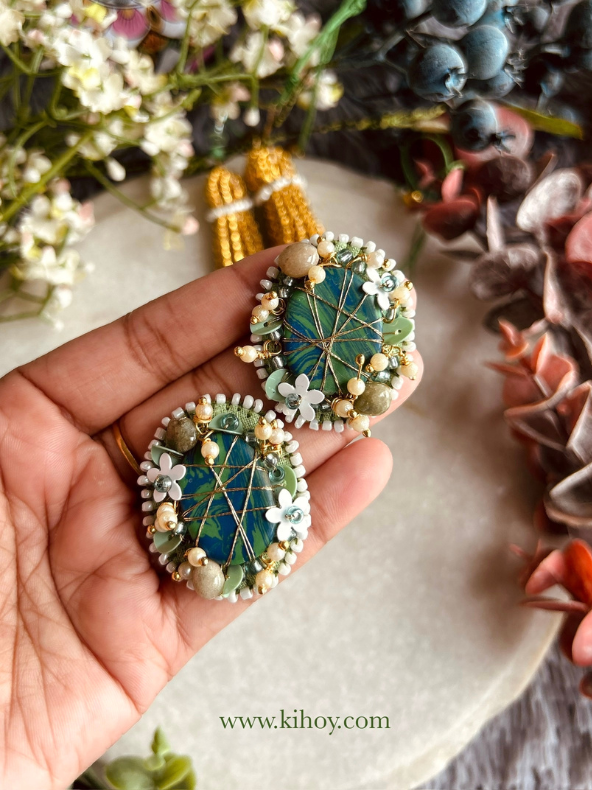 Moni Earrings – Handcrafted Emerald Green Embroidered Studs