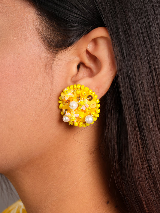 Yellow marigold hand embroidered earrings with sequin work - handcrafted haldi ceremony jewelry