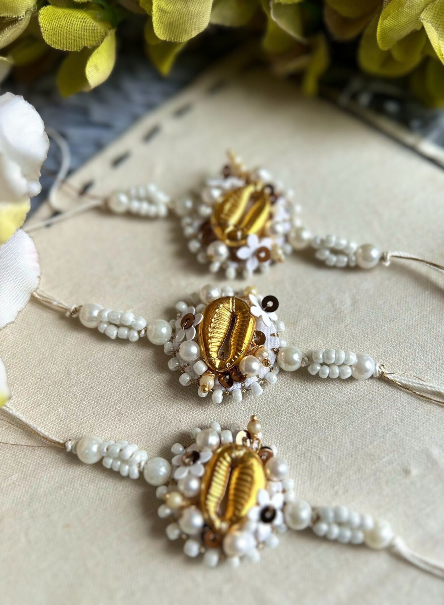 Golden Shell embroidered Rakhi Set of 3