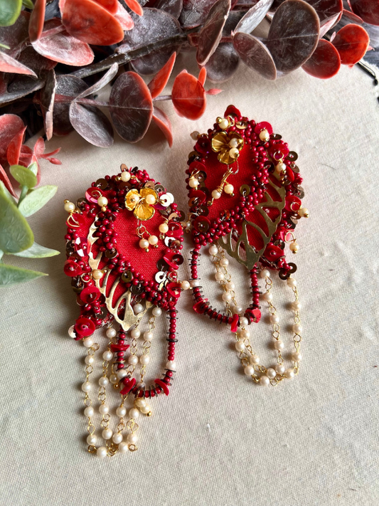 Parna Earrings – Handcrafted 3D Leaf Embroidered Earrings with Beaded Hangings