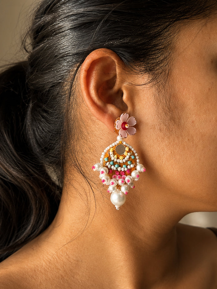 Multicolor Embroidered Floral Dangler Earrings