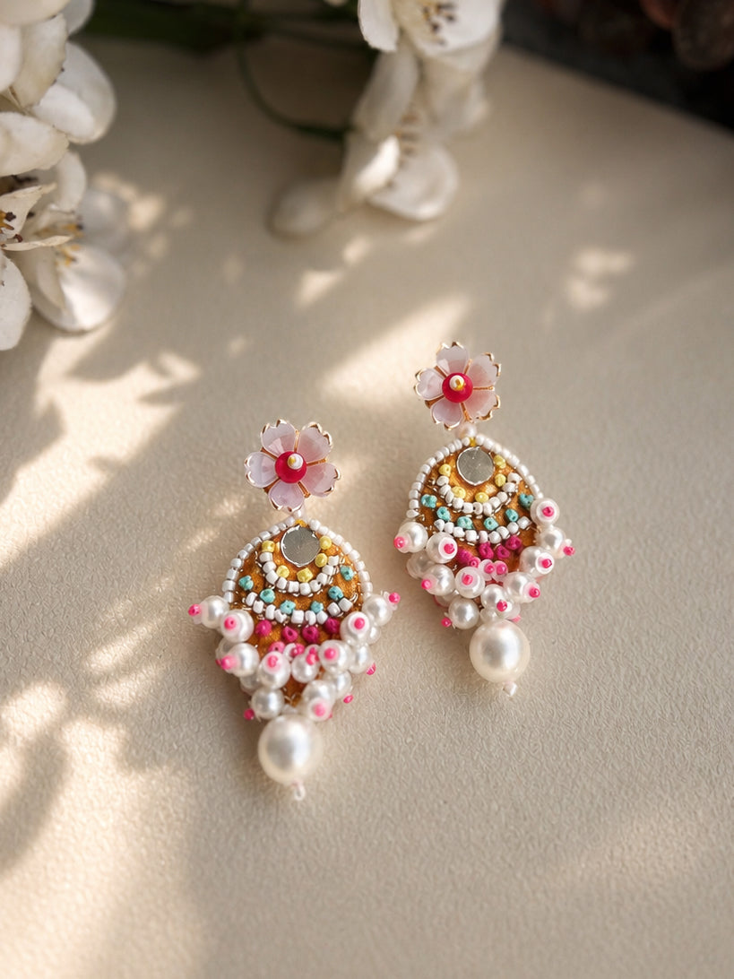 Multicolor Embroidered Floral Dangler Earrings