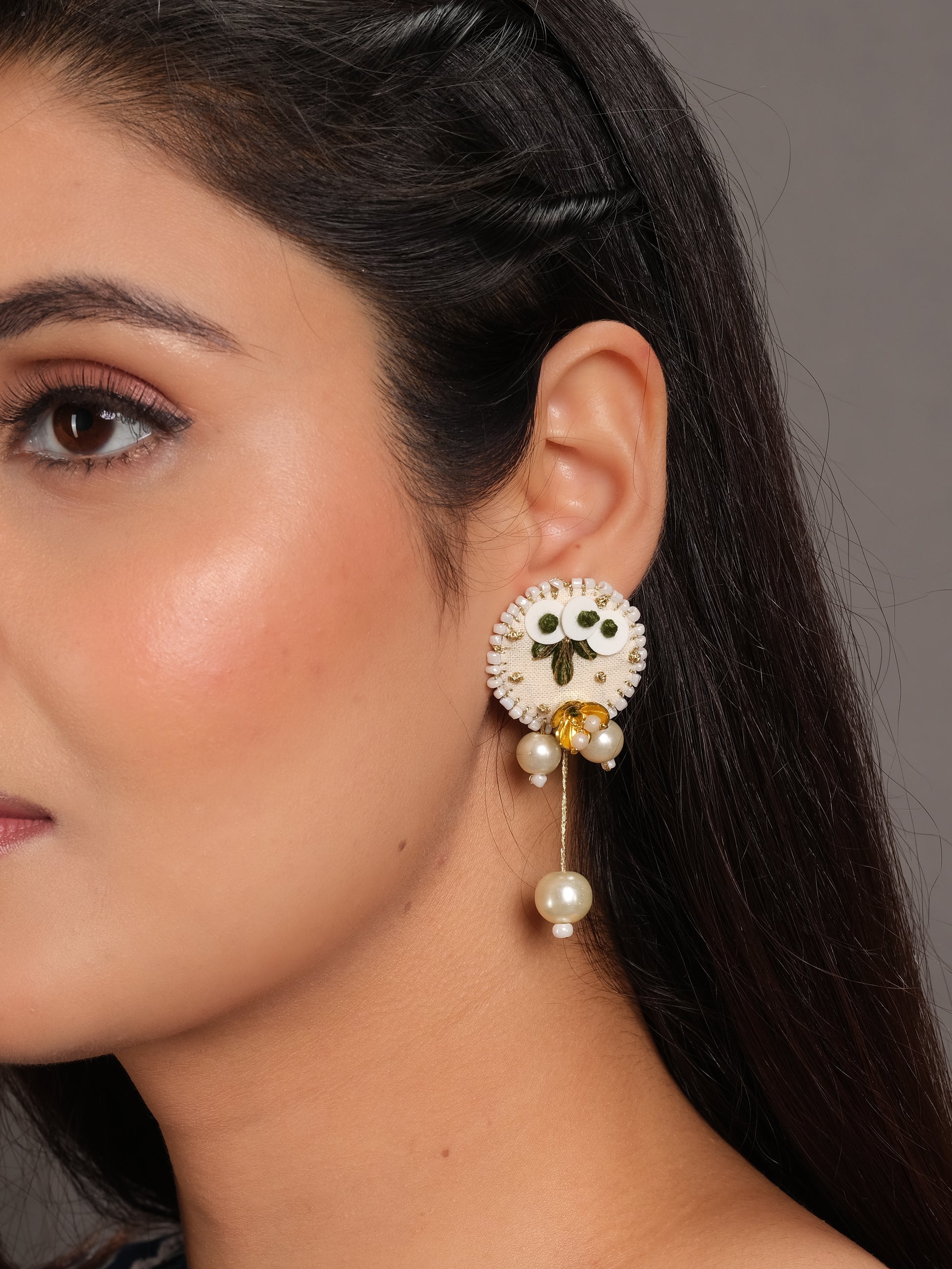 Ivory floral beaded pearl drop earrings with intricate embroidery work - handmade ethnic jewelry by Kihoy