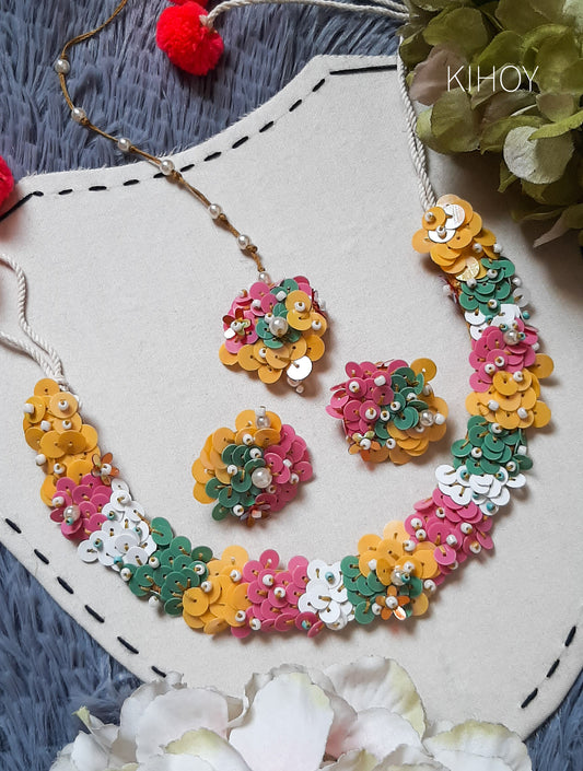 Daffodil Earrings, Necklace & mangtikka Set PINK & YELLOW