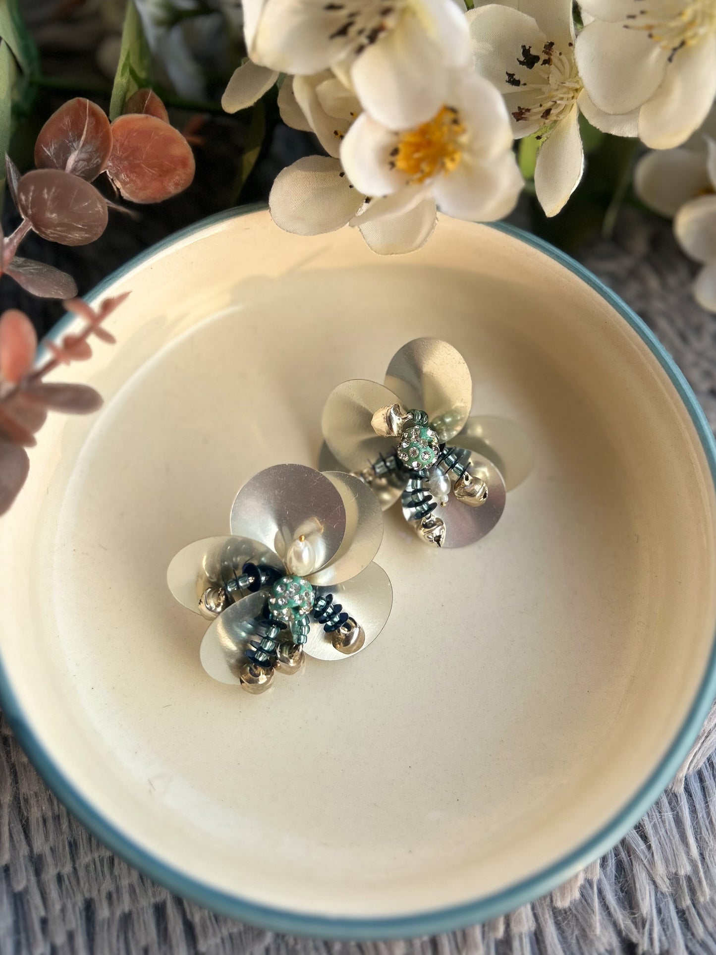 Silver Sequin Flower Stud Earrings - Statement Party Jewelry