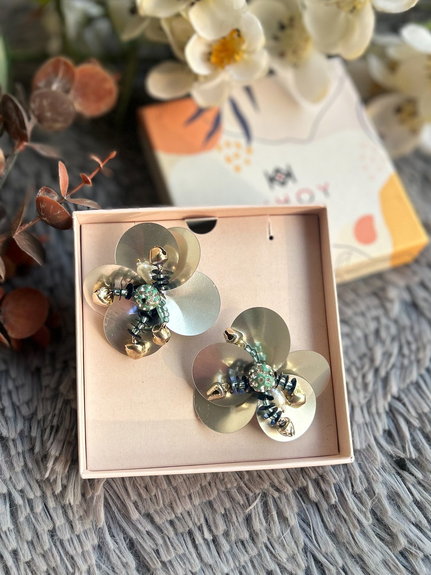Silver Sequin Flower Stud Earrings - Statement Party Jewelry
