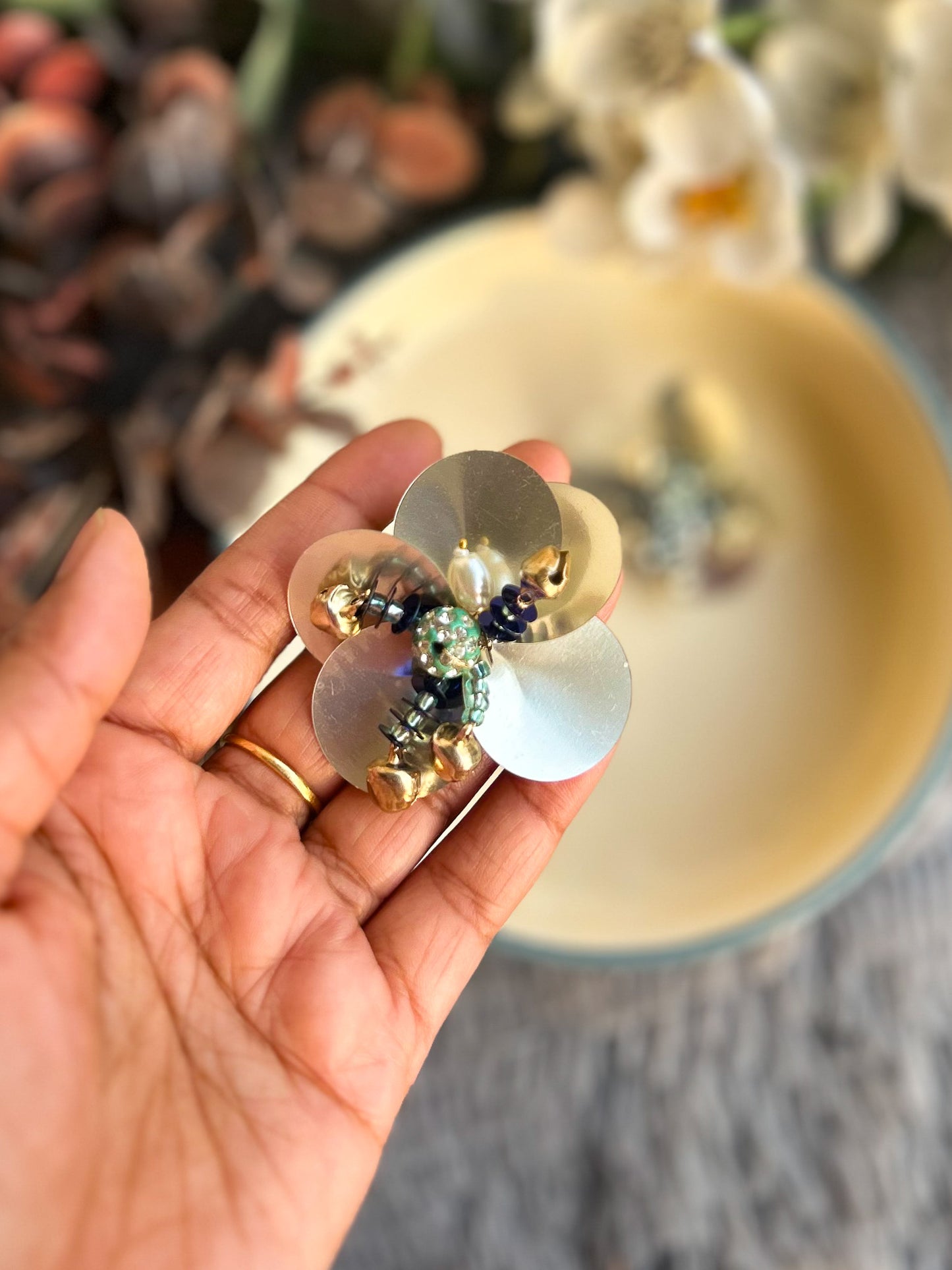 Silver Sequin Flower Stud Earrings - Statement Party Jewelry